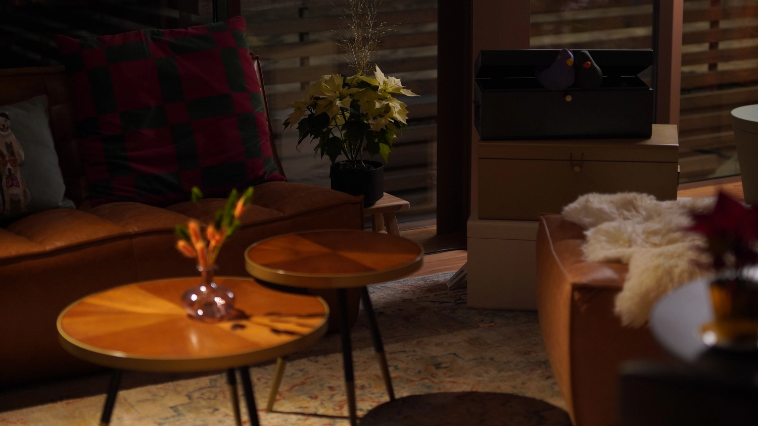 Sipho Studio - Drone visuel - Gemütliches Wohnzimmer mit braunem Ledersofa, zwei Holztischen und warmen Deko-Details.
