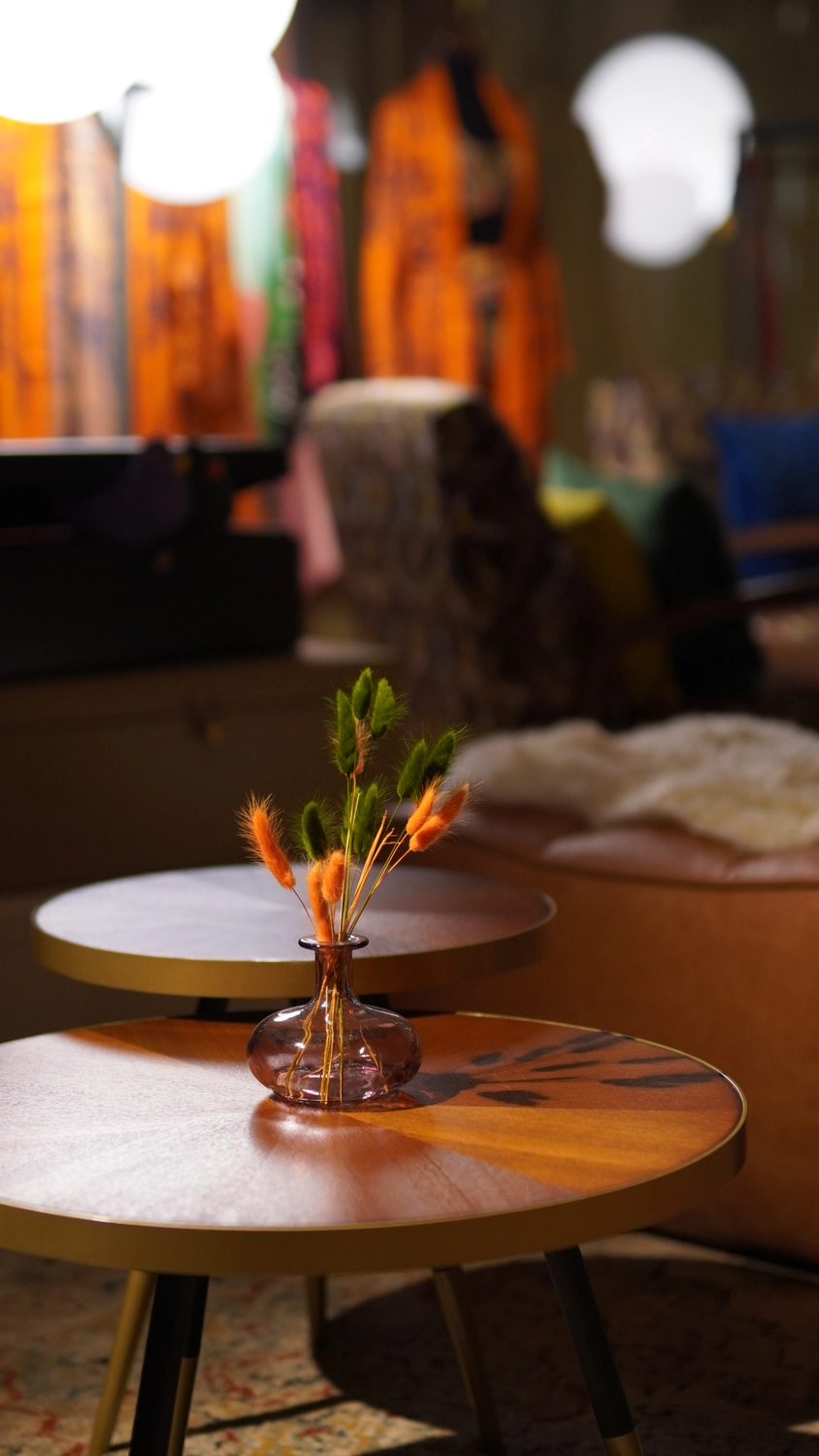 Sipho Studio - Drone visuel - Gemütliches Wohnzimmer mit braunem Ledersofa, zwei Holztischen und warmen Deko-Details.